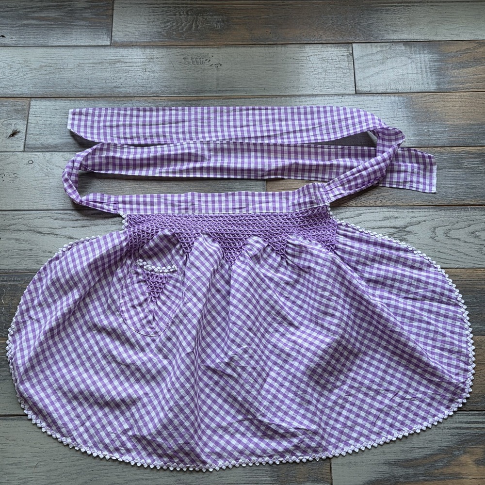 Vintage Gingham Half Apron Purple  White Check Smocked Cottagecore Retro Granny